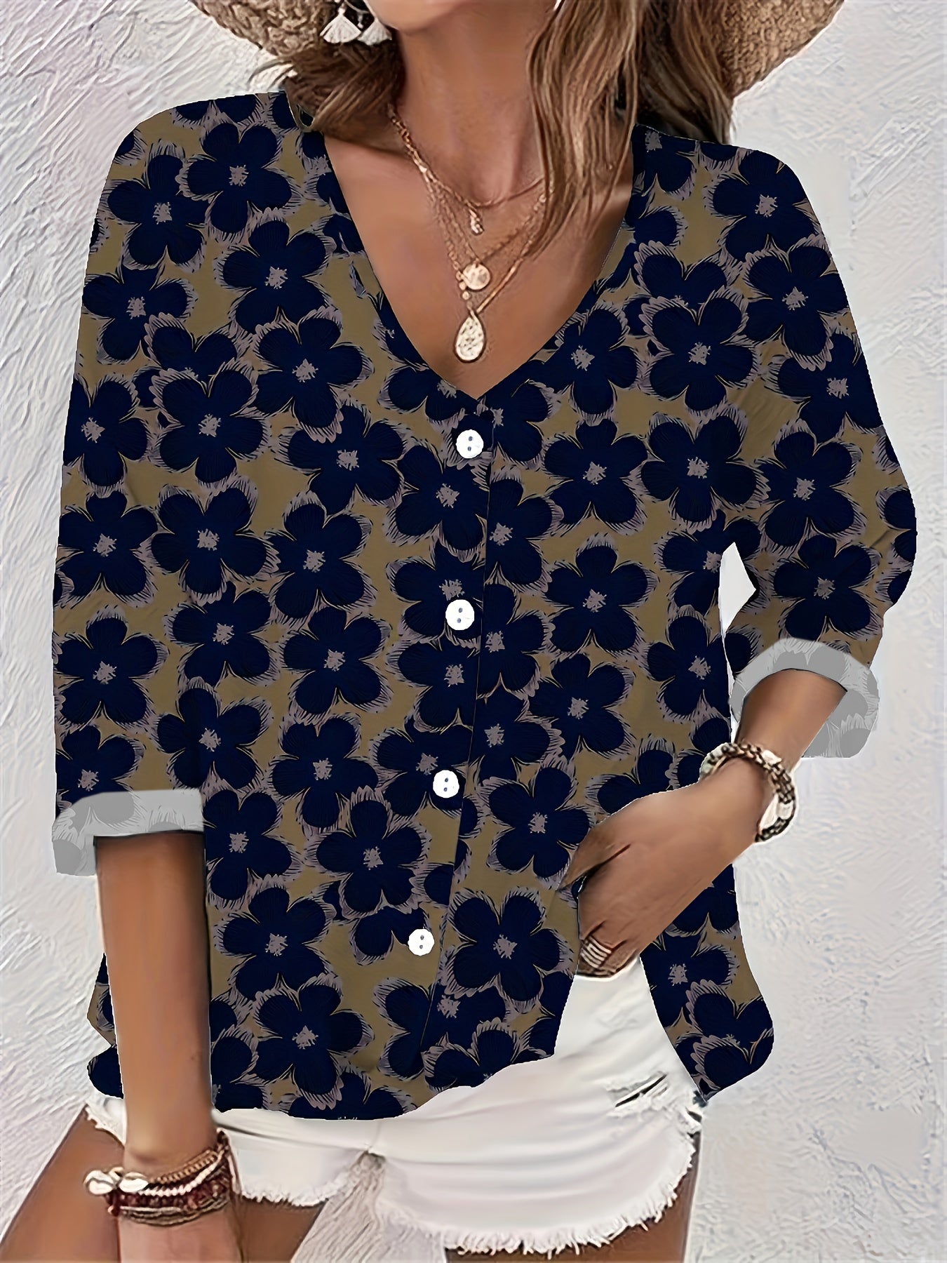 Heart Print Button Up Long Sleeve V Neck Blouse