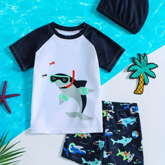 Boys Cartoon Shark & Dinosaur Swim Suit Set with Trunks, Tops & Cap