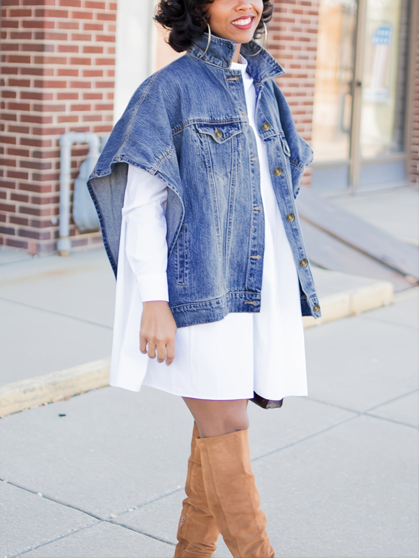 Women's Denim Poncho Cloak Cape Washed Denim Jackets