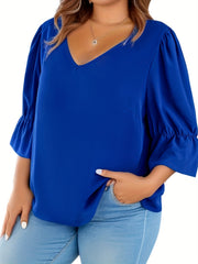 Casual Blouse Women Solid Bell Sleeve V Neck Loose Fit Top