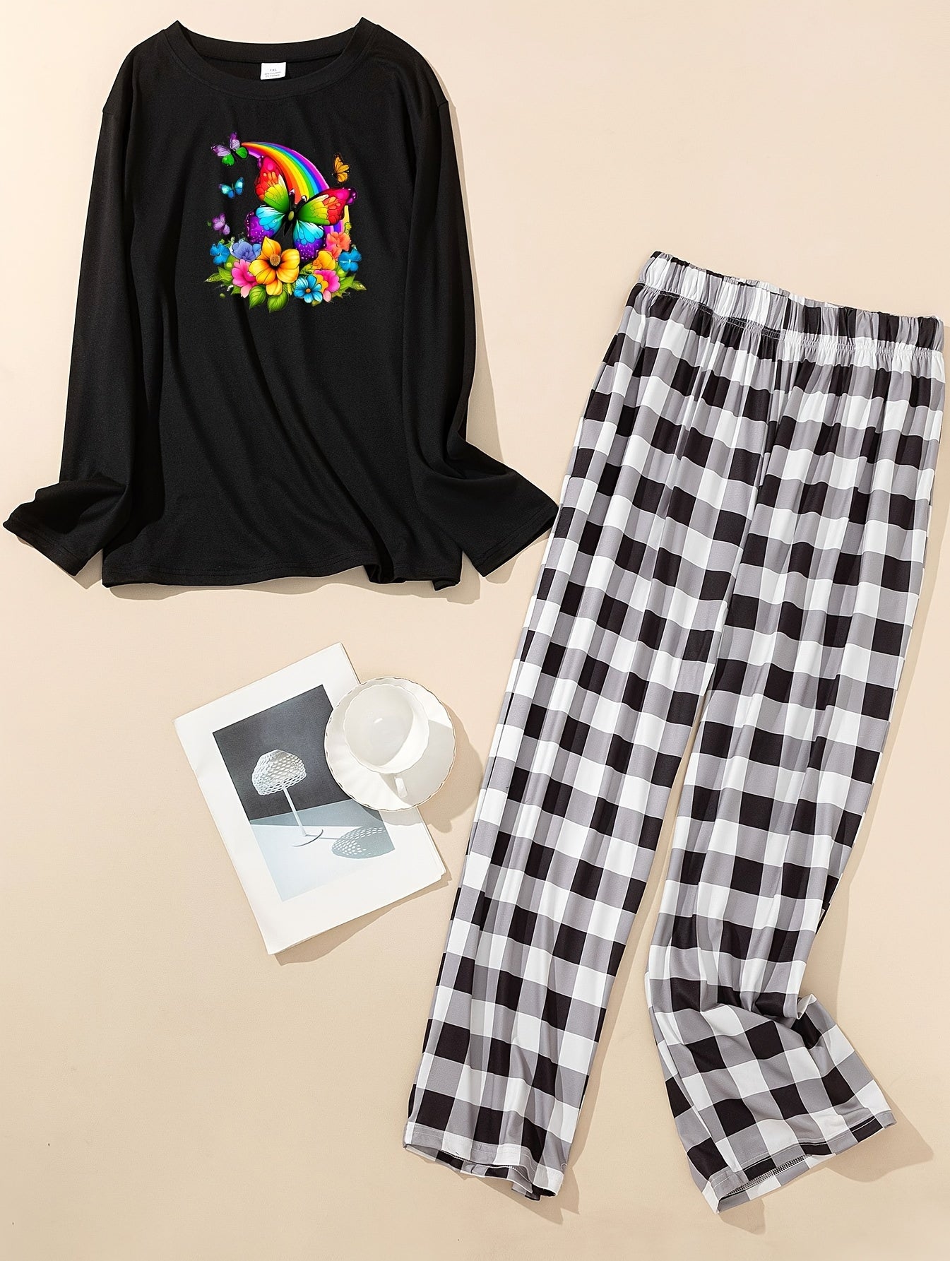 Butterfly & Floral Print Tee & Plaid Pants Pajama Set