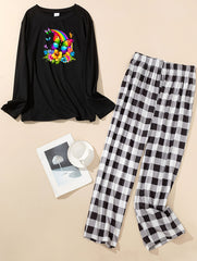Butterfly & Floral Print Tee & Plaid Pants Pajama Set
