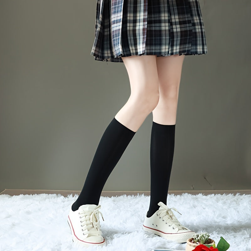 5 Pairs Solid Calf Socks Women's Knee High Stockings & Hosiery