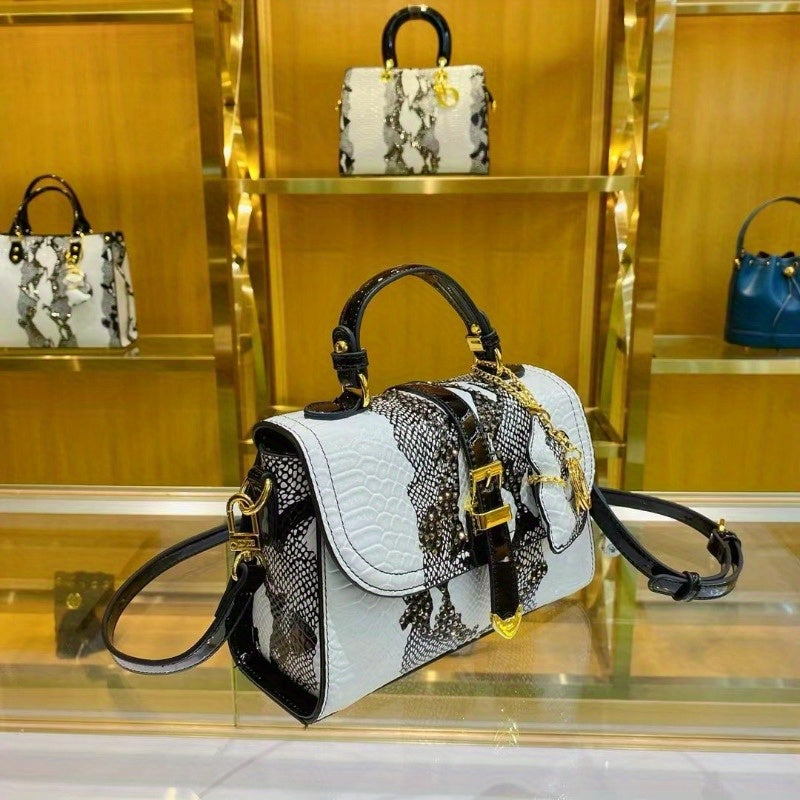 Snake Print Handbag w/ Golden Accents Detachable Strap & Zipper Closure