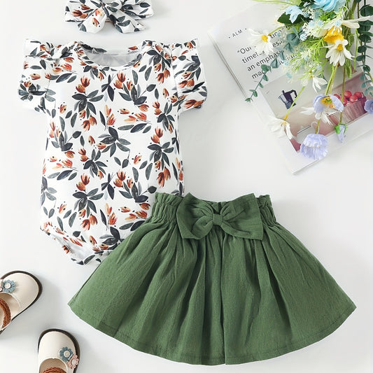 Baby Girl's Casual 3pc Set Leaf Sleeveless Romper Elastic Pants Headscarf