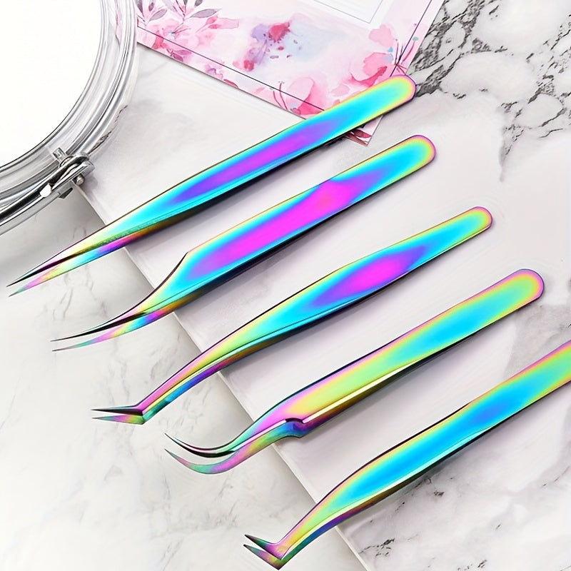 5pcs Eyelash Extension Tweezers Set Stainless Steel Straight And Curved Volume
