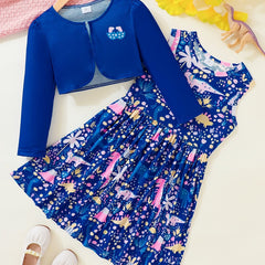 2pcs Dino Tank Dress & Cardigan Set for Girls - Floral Dinosaur Print Outfit