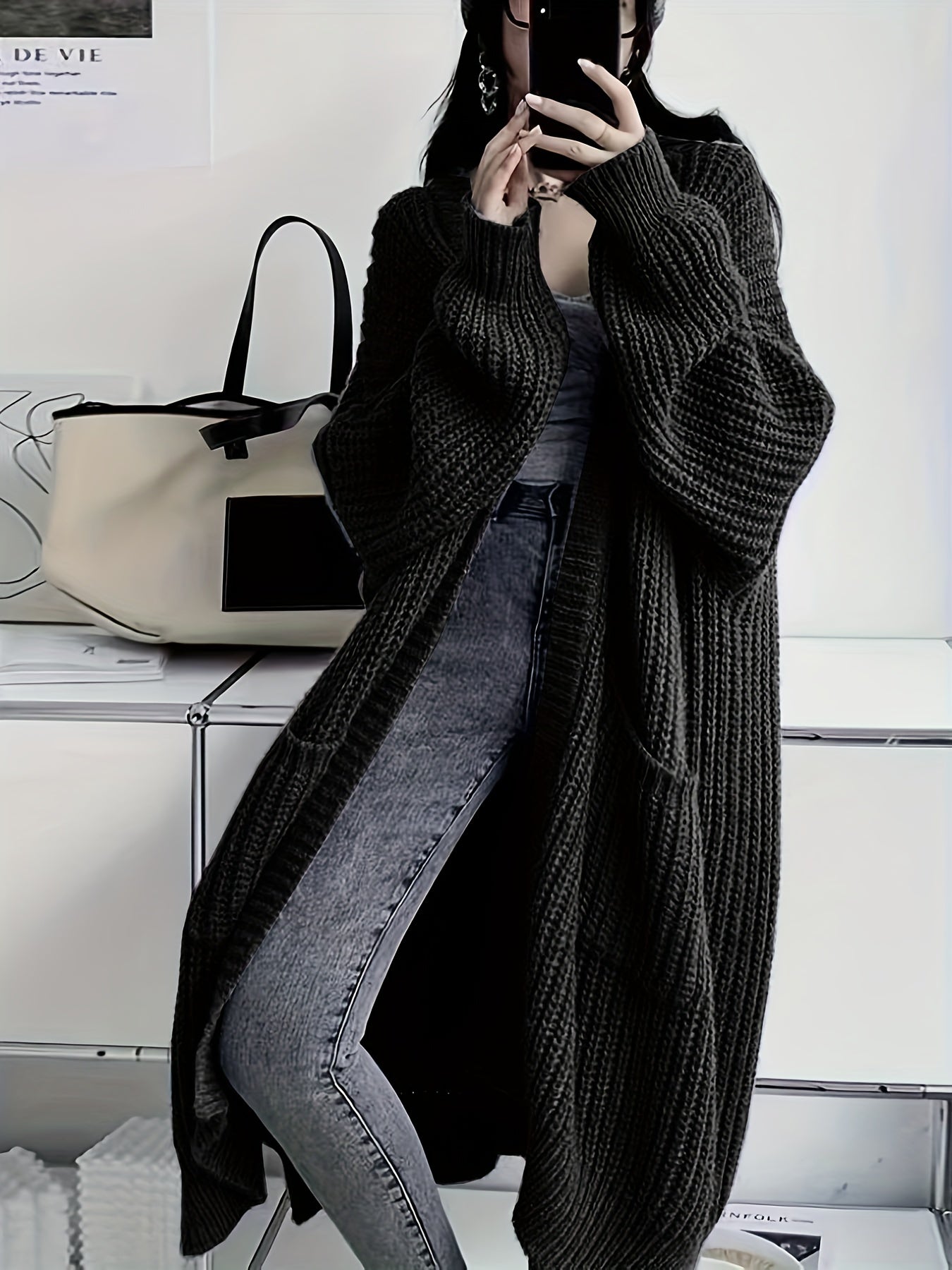 Open Front Loose Knit Cardigan Long Sleeve Sweater
