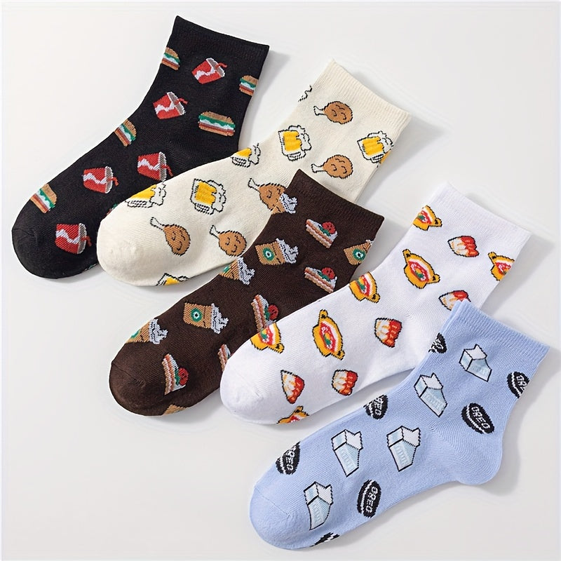 5 Pairs Cartoon Food Print Socks & Funny Mid Tube Women's Stockings