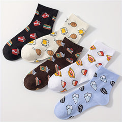 5 Pairs Cartoon Food Print Socks & Funny Mid Tube Women's Stockings