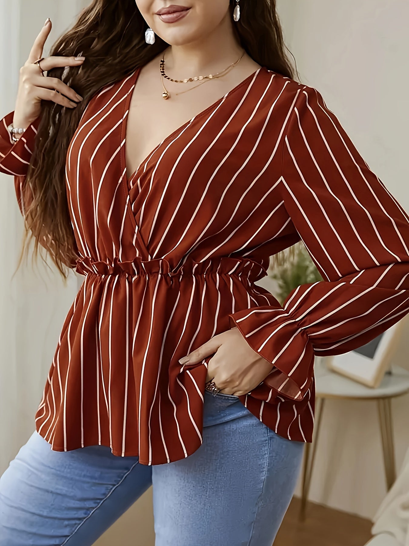 Stripe Print Lantern Sleeve Top