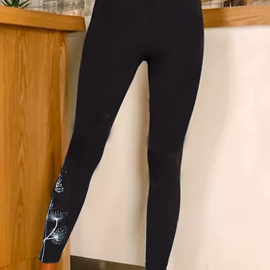 Sports Leggings Women's Plus Dandelion Print High Rise Medium Stretch
