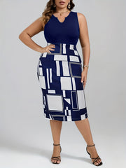 Colorblock Geometric V Neck Bodycon Midi Tank Dress