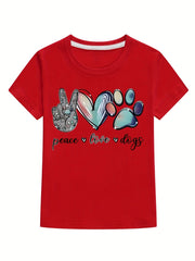 Boy's Peace Love Dogs Print T shirt Active Short Sleeves Tee Top