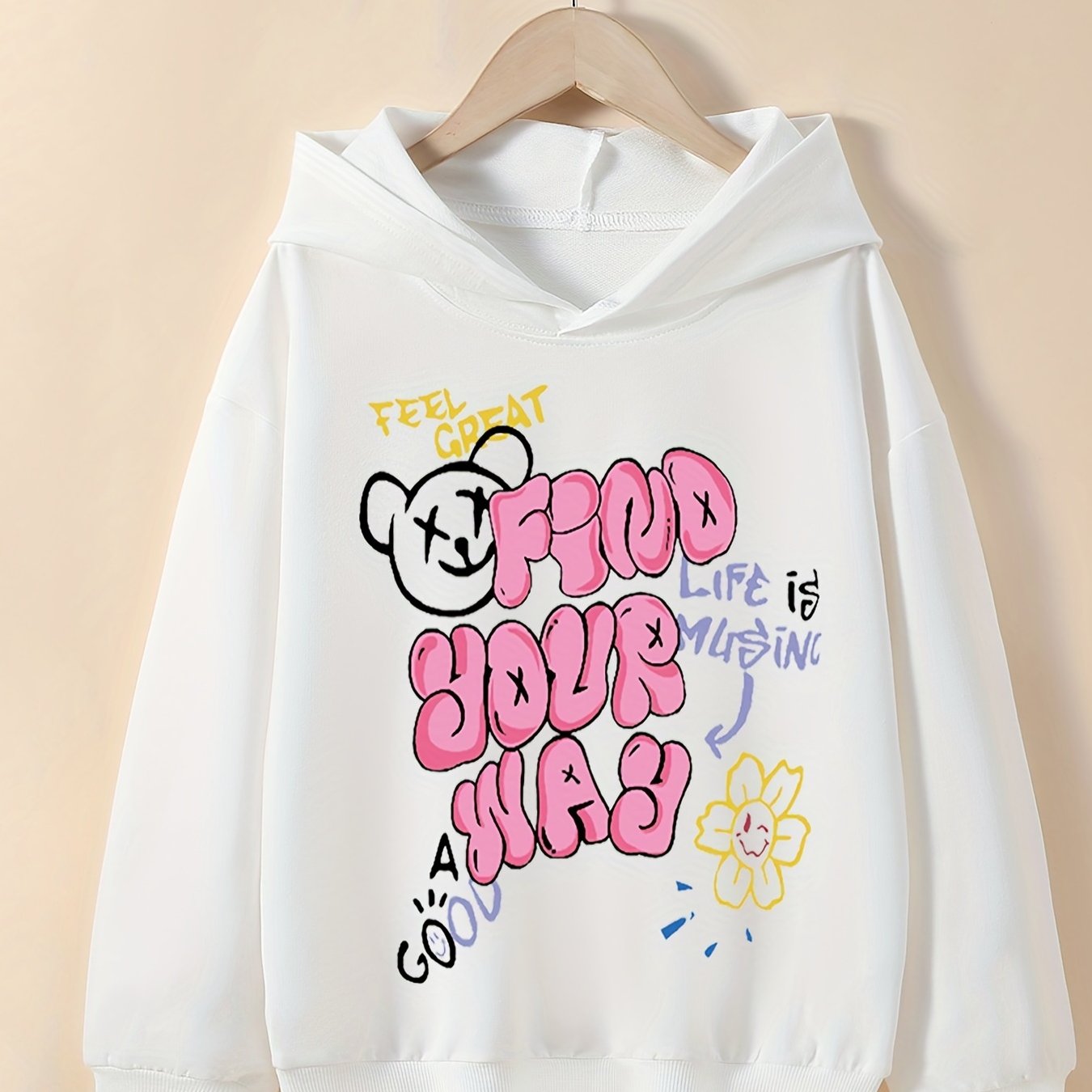Girls' Bear & Slogan Graphic Hooded Sweatshirt for Spring & Autumn