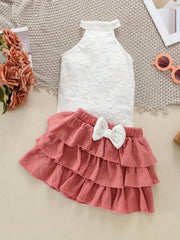 2pcs Baby Girls Lace Halter Top & Bowknot Skirt Set