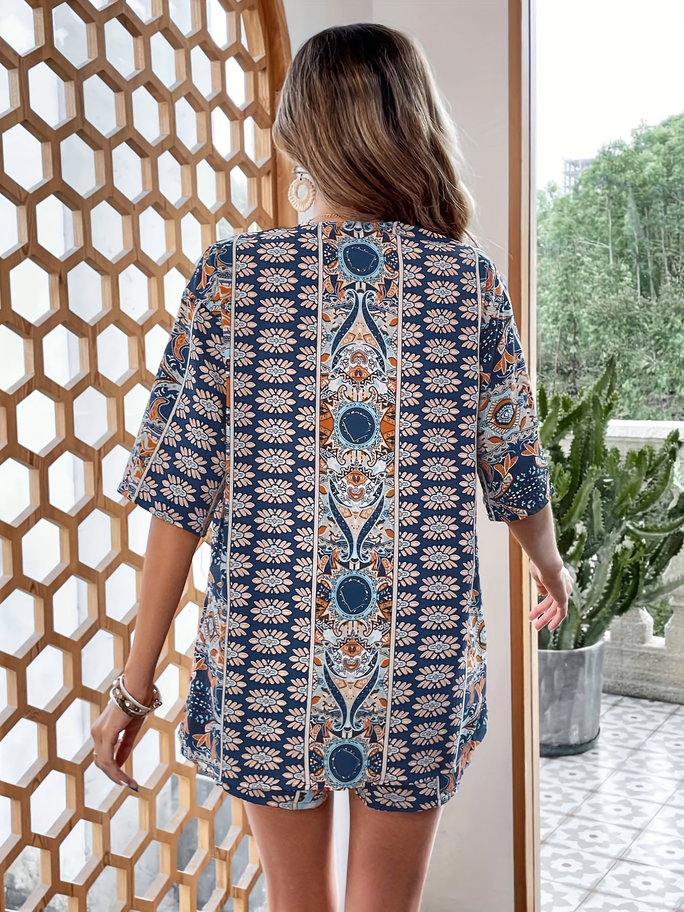 Paisley Print 2pc Set Tribal Kimono & Shorts
