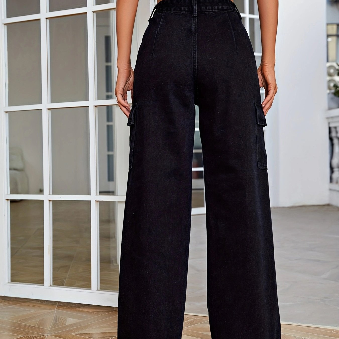 High Rise Denim Cargo Pants Solid Wide Leg Casual Cargo Jeans