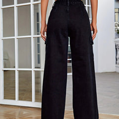 High Rise Denim Cargo Pants Solid Wide Leg Casual Cargo Jeans