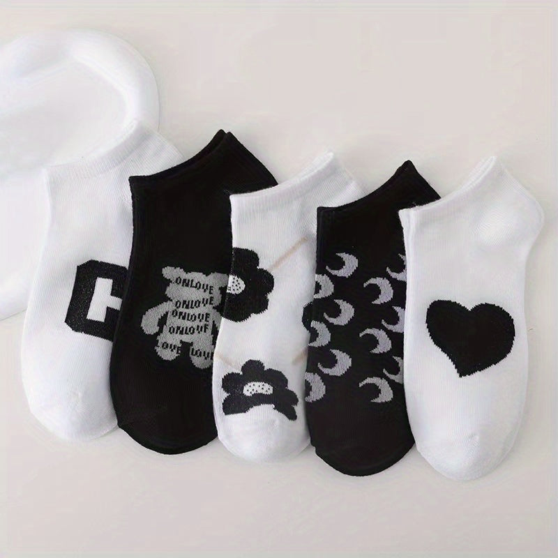 5 Pairs Letter & Floral Print Socks Crew Ankle Women's Stockings
