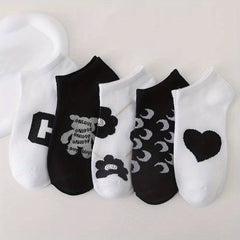 5 Pairs Letter & Floral Print Socks Crew Ankle Women's Stockings