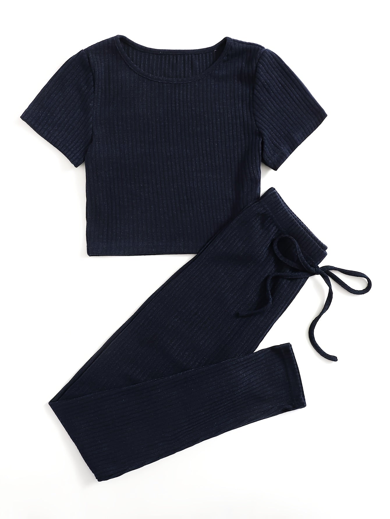 Ribbed Lounge Set Short Sleeve Crew Neck Top & Pants
