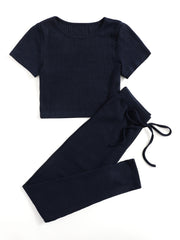 Ribbed Lounge Set Short Sleeve Crew Neck Top & Pants