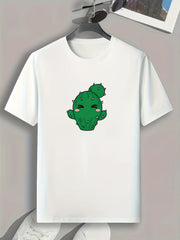 Cartoon Cactus Print Men's Comfy T-shirt for Outdoor Summer