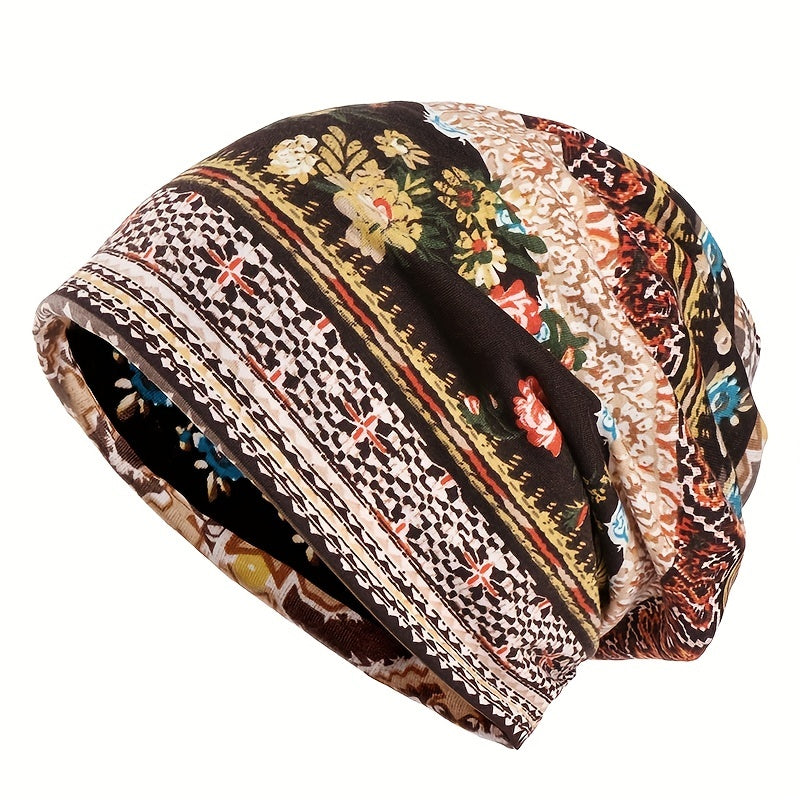 Boho Floral Print Beanie Slouchy Chemo Hat Lightweight Headband