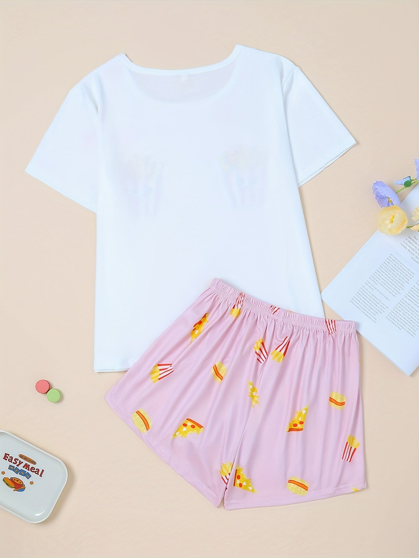 Fries Print Pajama Set Short Sleeve Top & Shorts Women's Sleepwear