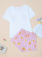 Fries Print Pajama Set Short Sleeve Top & Shorts Women's Sleepwear