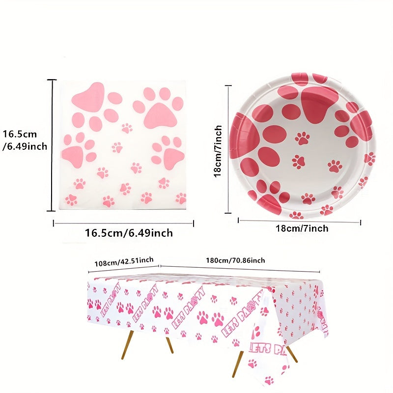Pink Dog Paw Prints Party Supplies Set - Plates, Napkins, Tablecloth