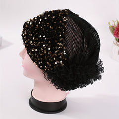 Golden Sequin Beanie Lace Flower Turban Cap Mesh Head Scarf Hijab Chemo Hats