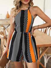 Geometric Print Halter Neck Romper Jumpsuit Casual Backless Jumpsuit