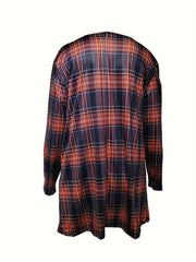 Women's Plus Plaid Print Long Sleeve V Neck Tee Dress With Pockets