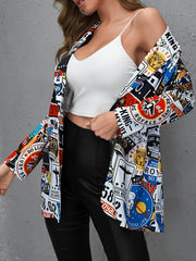 Graphic & Letter Print Open Front Blazer Casual Long Sleeve Blazer