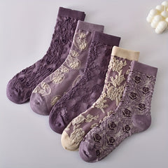 5 Pairs 3D Floral Textured Socks Retro Ethnic Style Mid Tube Women's Stockings