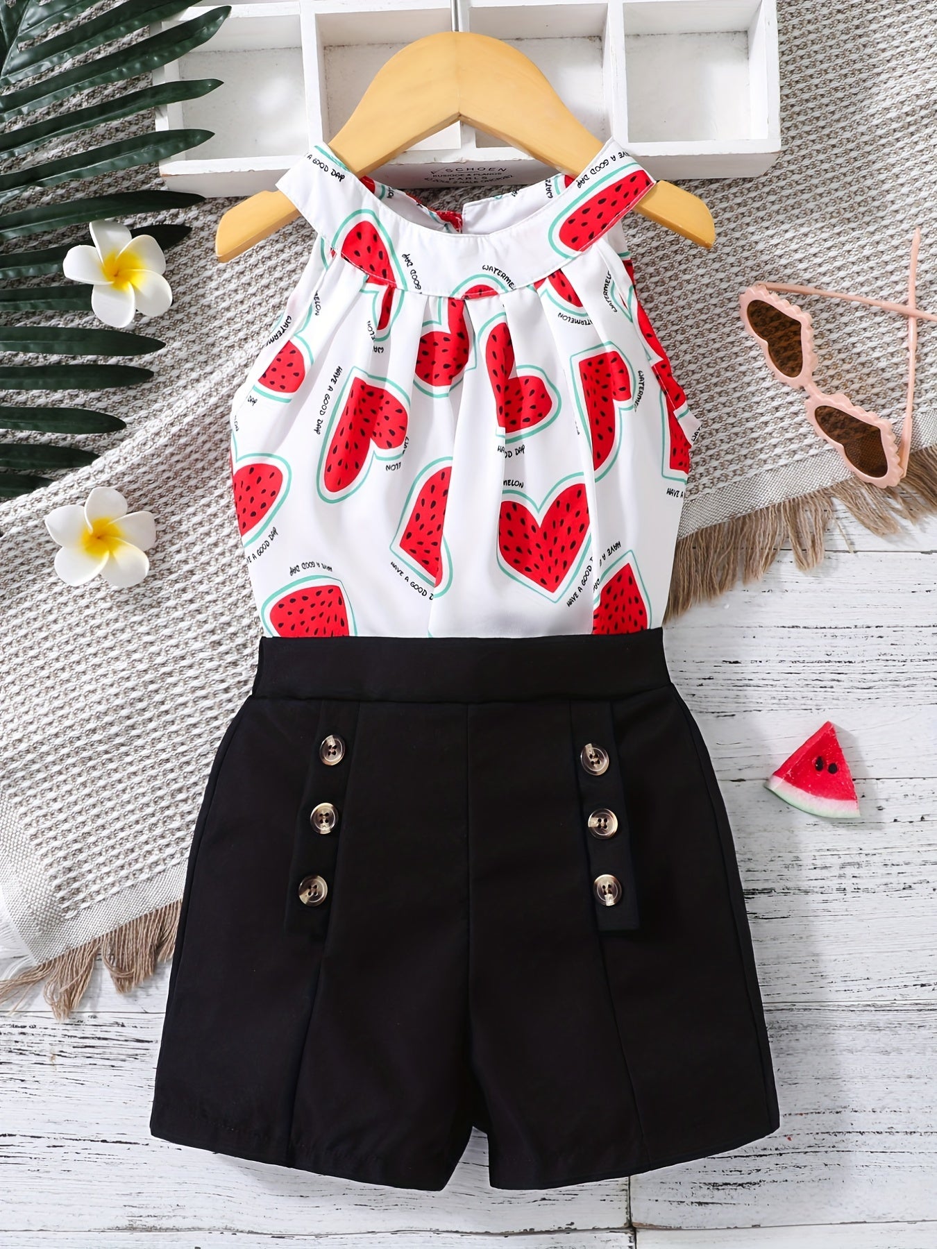 2pcs Toddler Girls Heart Halter Top & Shorts Set Summer Clothes