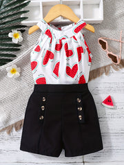 2pcs Toddler Girls Heart Halter Top & Shorts Set Summer Clothes