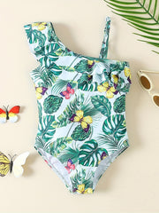 Girls' Leaf & Butterfly One Piece Swimsuit with Ruffled Trim