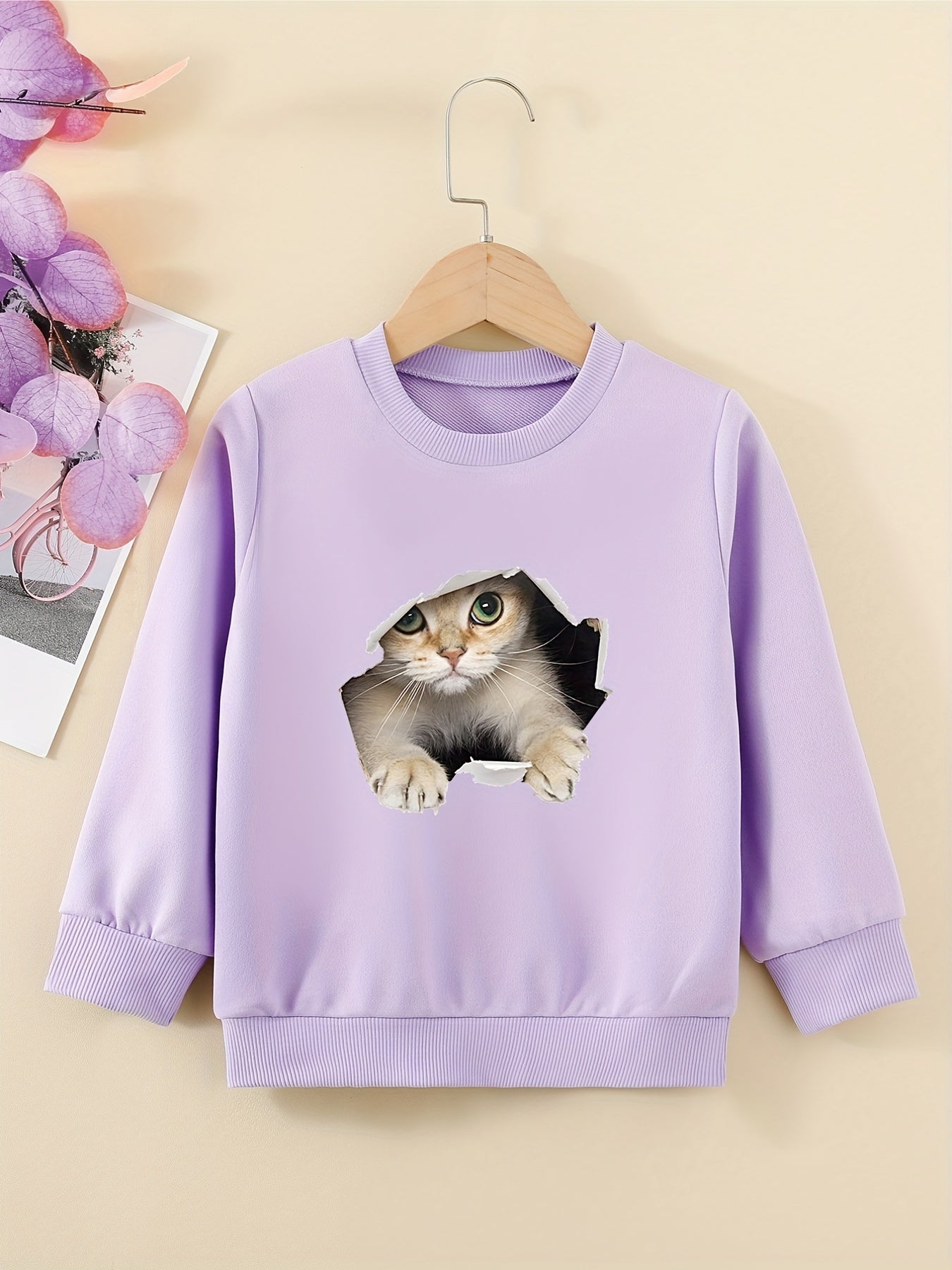 Cute Kitty Graphic Sweatshirt for Girls Round Neck Casual Pullover Tops
