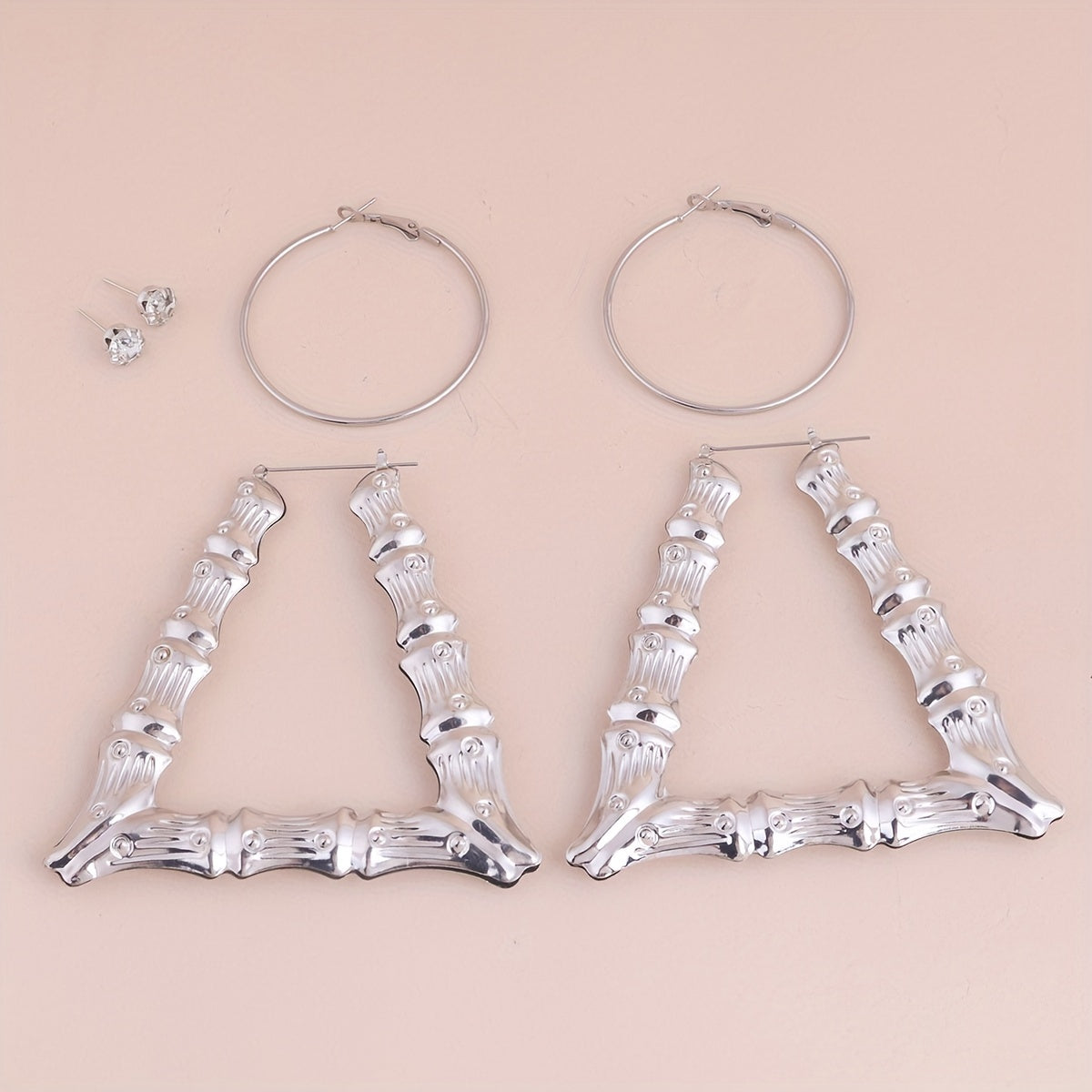 Exaggerated Golden & Silver Bamboo Earrings Set