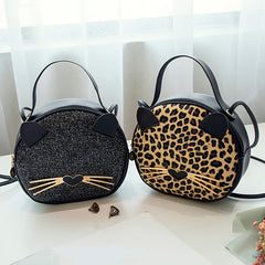 Girls Casual Cartoon Sequin Leopard Print Cat Messenger Bag