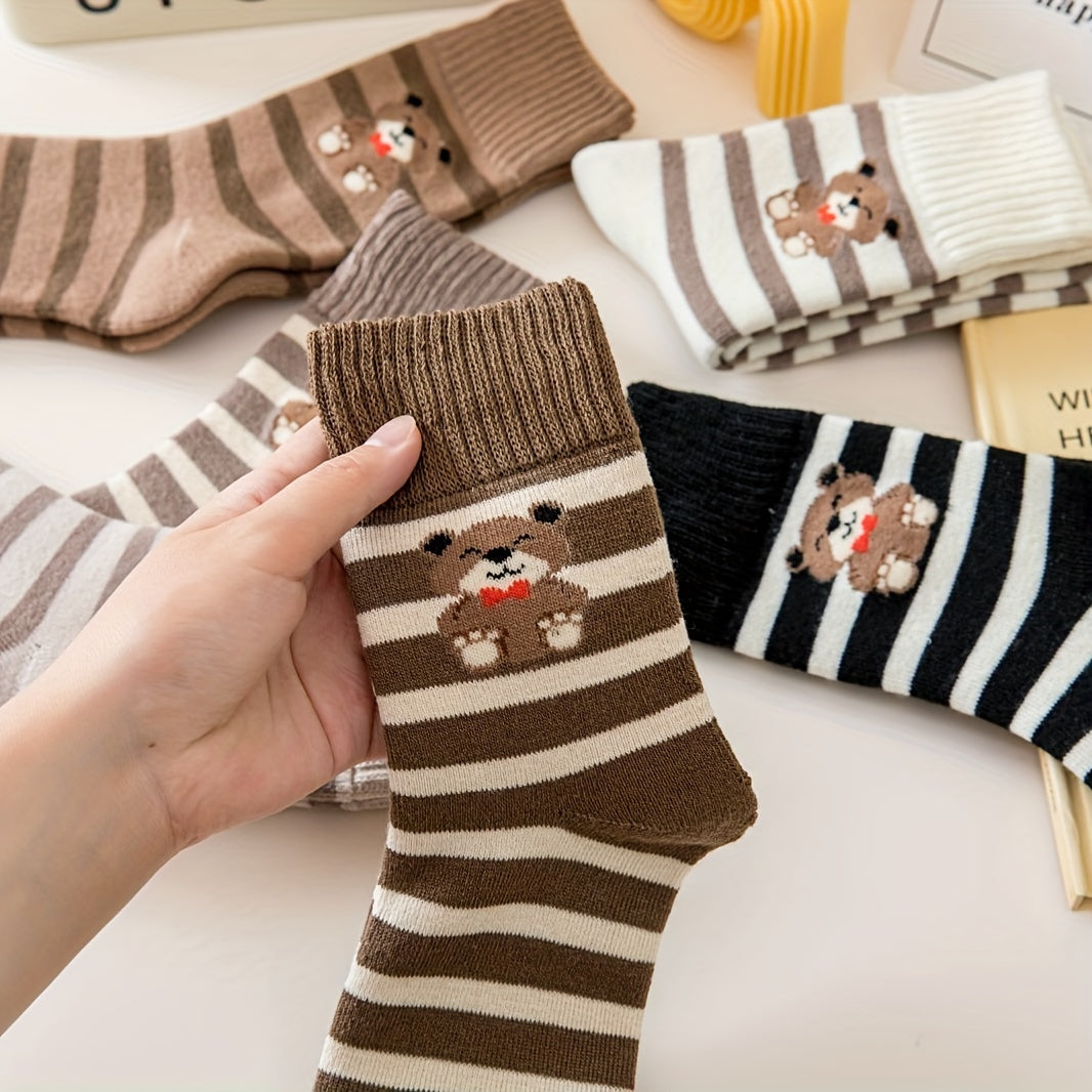 6 Pairs Plus Size Knee Socks Set Bear Plush Lined Thermal Mid Calf