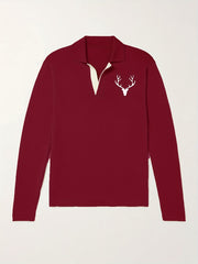 Deer Pattern Knit Polo Shirt Men's Casual Stretch V Neck Sweater