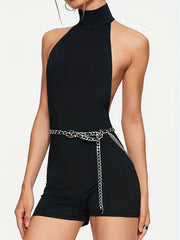 Solid Mock Neck Romper Jumpsuit Women's Clothing