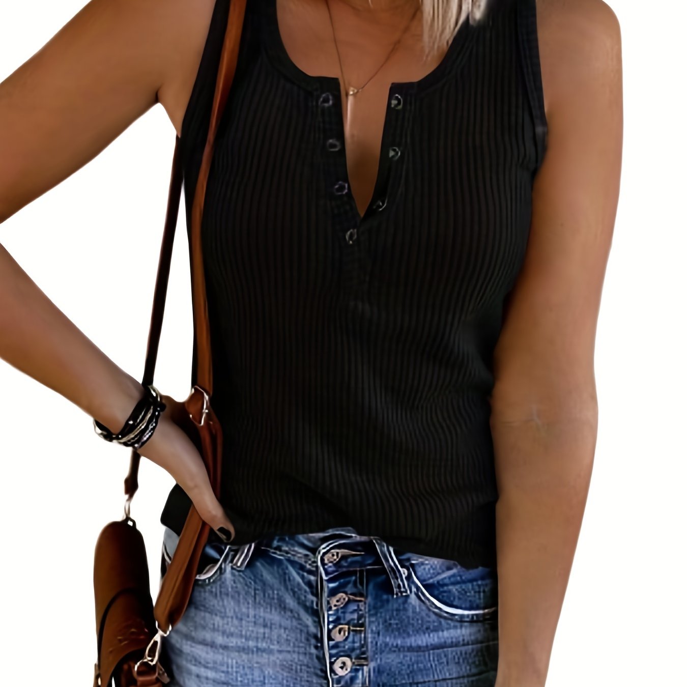 Ribbed Button Tank Top Sleeveless V Neck Casual Top