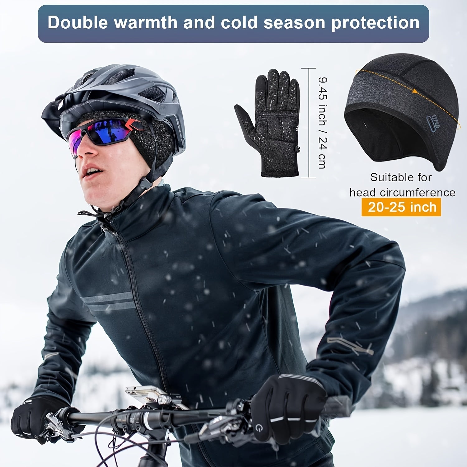 Winter Cycling Gloves & Skull Hat Helmet Liner Set