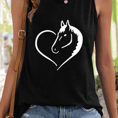 Heart & Horse Print Sleeveless Sports Vest Round Neck Casual Tops