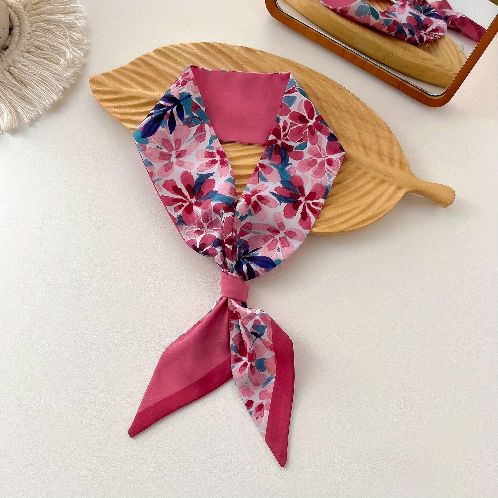 Pink Tie Dye Flower Skinny Scarf Long Ribbon Neckerchief Satin Twilly Scarf